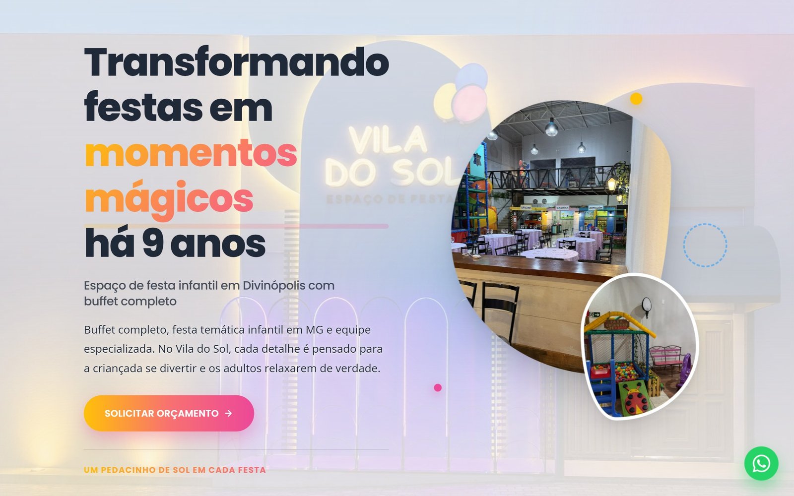 Site do Espaço Vila do Sol — salão de festas infantis em Divinópolis, MG